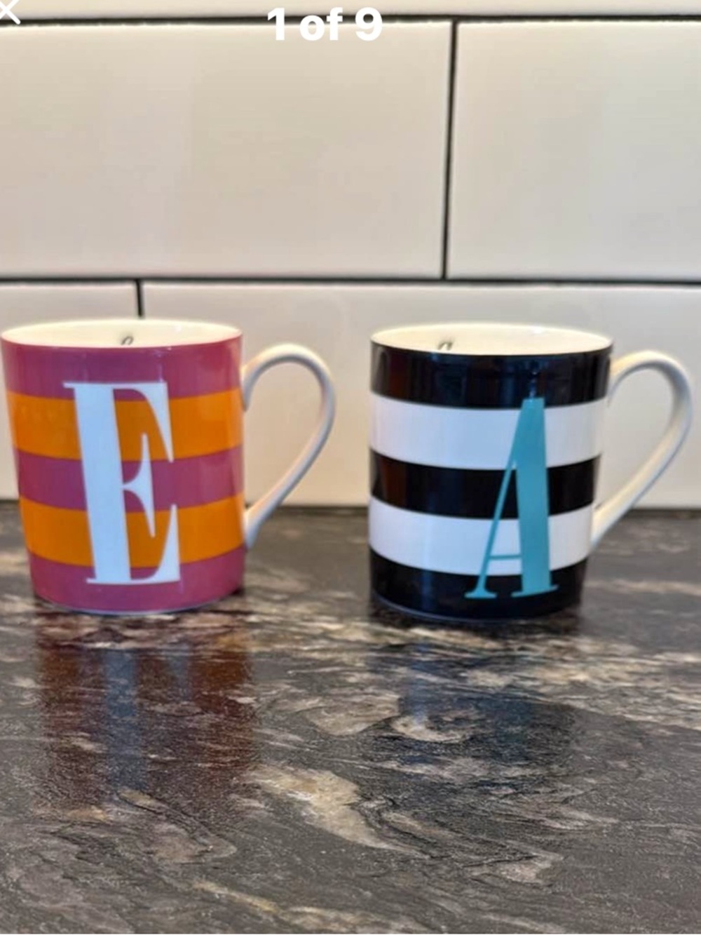 Kate Spade + Lenox Wickford Red Letter Day Striped Monogram Ceramic Mugs - Picture 1 of 7